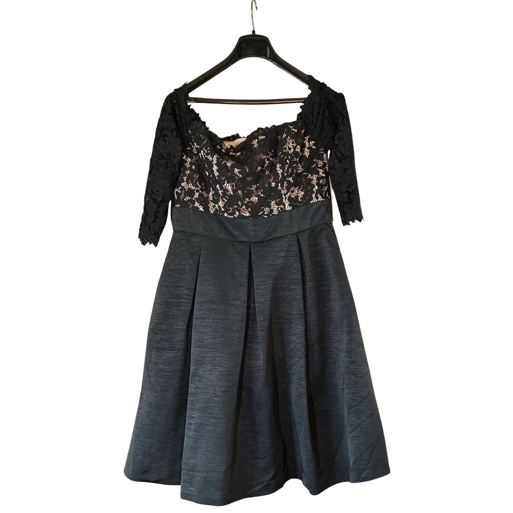 NWT Eliza‎ J Black Lace Overlay Pleated Midi Shoulder Dress 12 Formal Gala Party